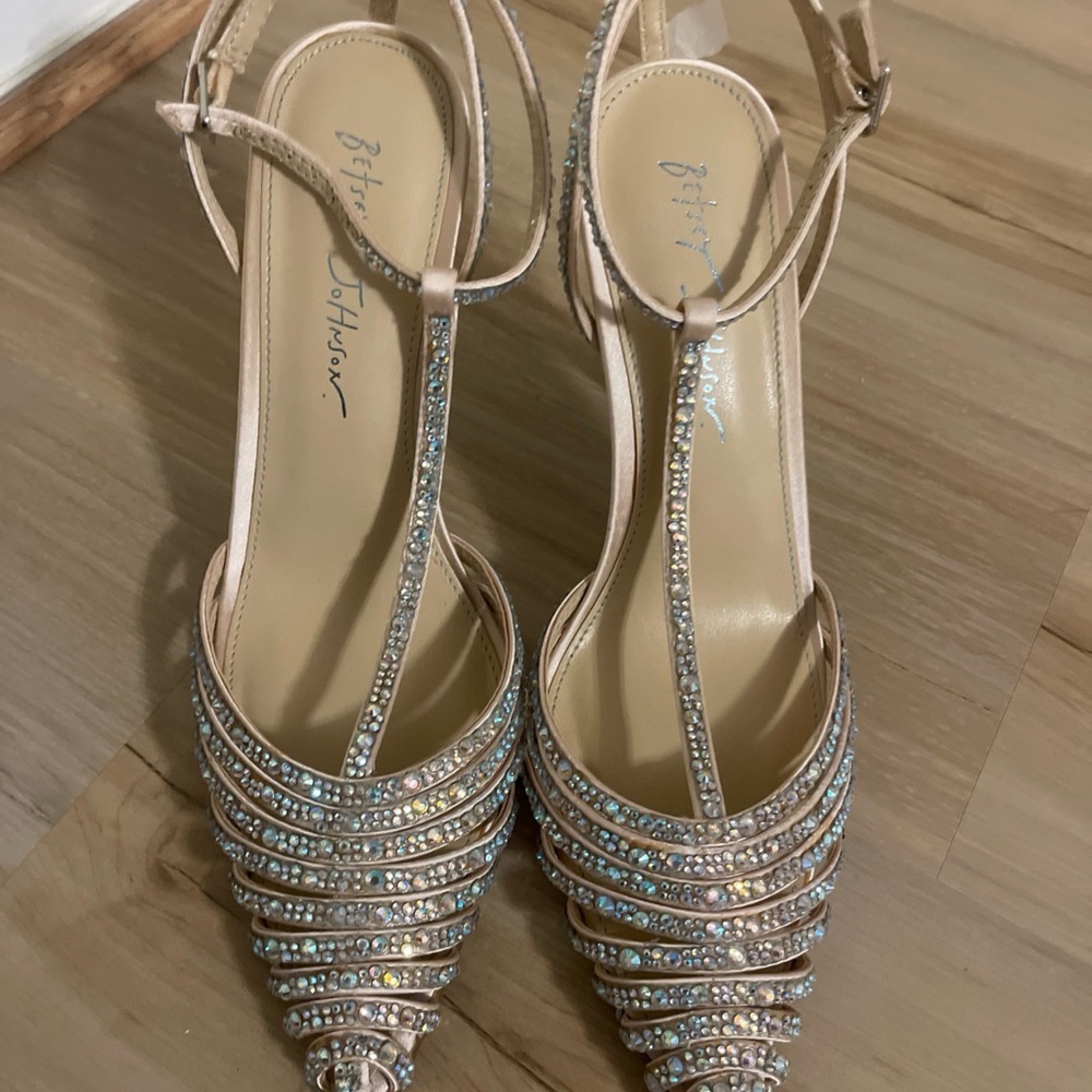 Betsey Johnson Rhinestone Strappy Heels - Cream and Silver Size 8.5